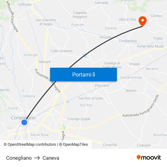 Conegliano to Caneva map