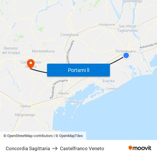 Concordia Sagittaria to Castelfranco Veneto map
