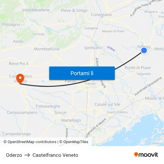Oderzo to Castelfranco Veneto map