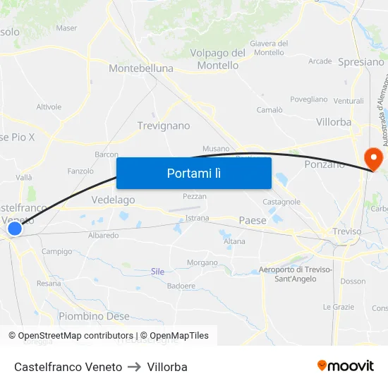 Castelfranco Veneto to Villorba map