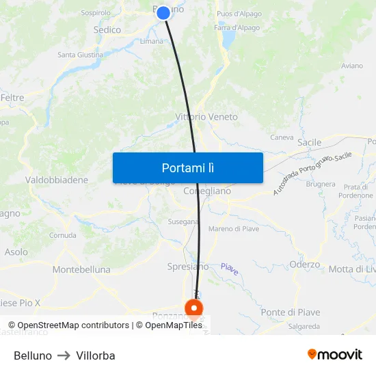 Belluno to Villorba map