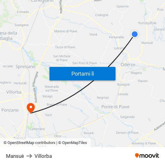 Mansuè to Villorba map