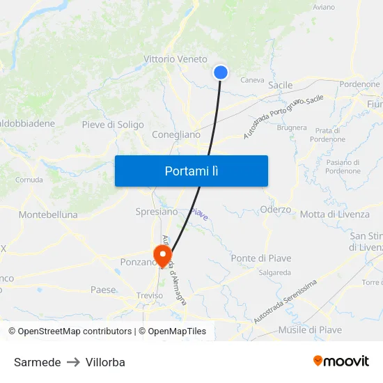 Sarmede to Villorba map