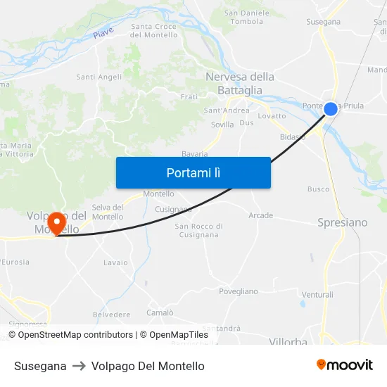 Susegana to Volpago Del Montello map