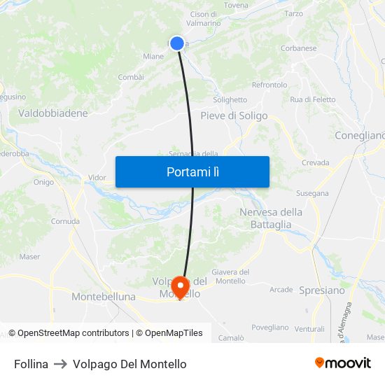 Follina to Volpago Del Montello map