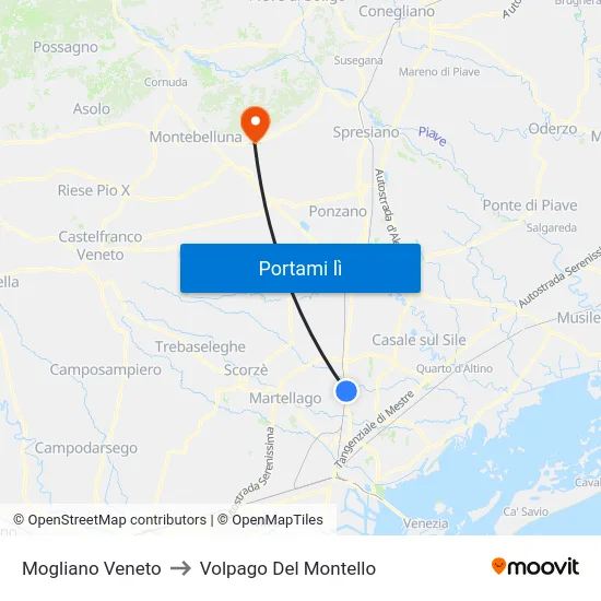 Mogliano Veneto to Volpago Del Montello map