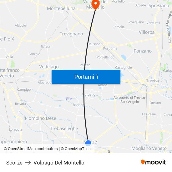 Scorzè to Volpago Del Montello map