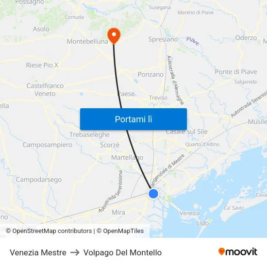 Venezia Mestre to Volpago Del Montello map