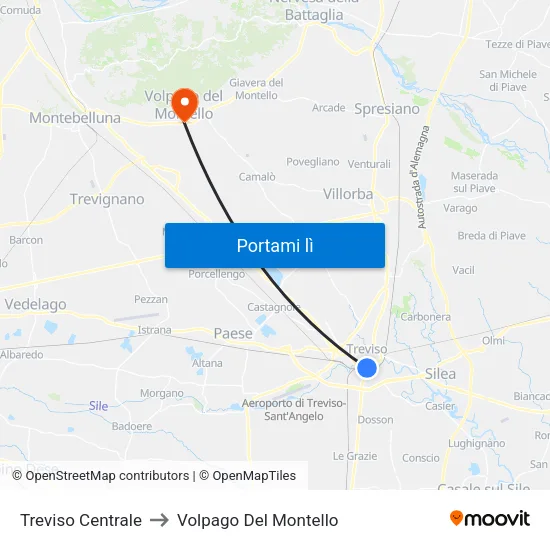 Treviso Centrale to Volpago Del Montello map