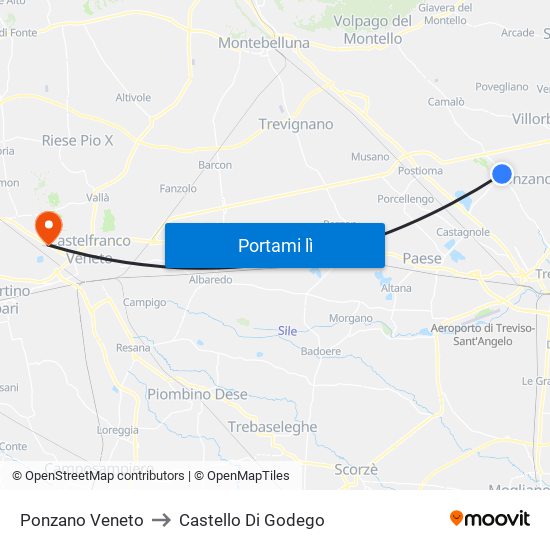 Ponzano Veneto to Castello Di Godego map