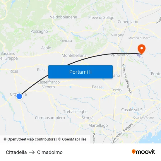 Cittadella to Cimadolmo map