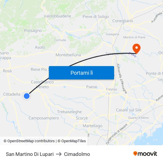San Martino Di Lupari to Cimadolmo map