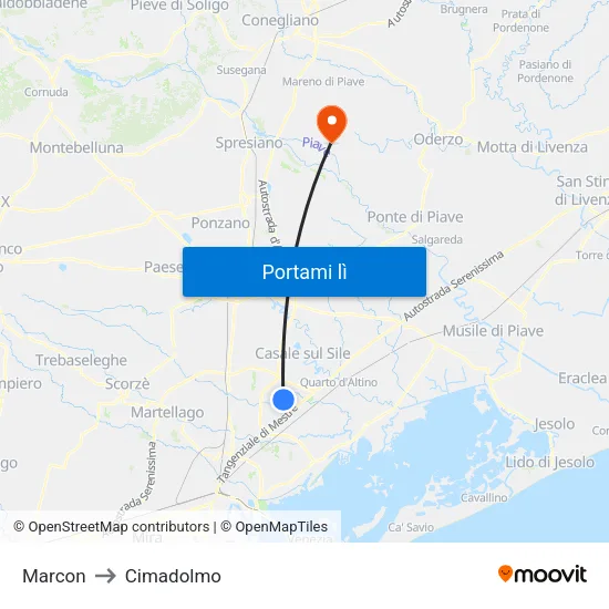 Marcon to Cimadolmo map