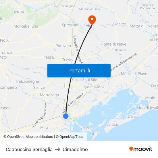 Cappuccina Sernaglia to Cimadolmo map