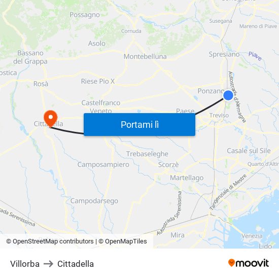 Villorba to Cittadella map