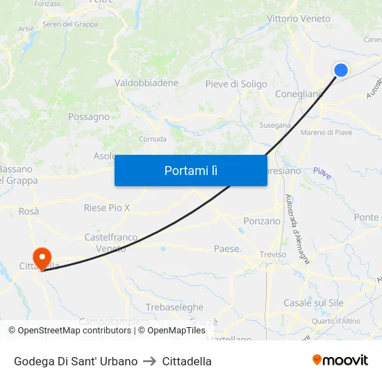 Godega Di Sant' Urbano to Cittadella map