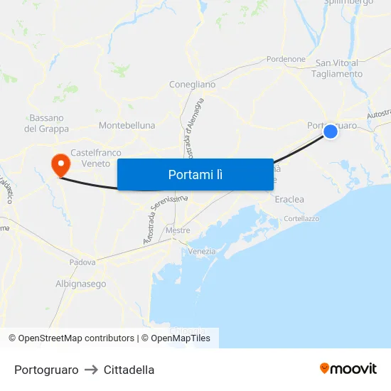 Portogruaro to Cittadella map
