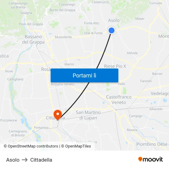 Asolo to Cittadella map