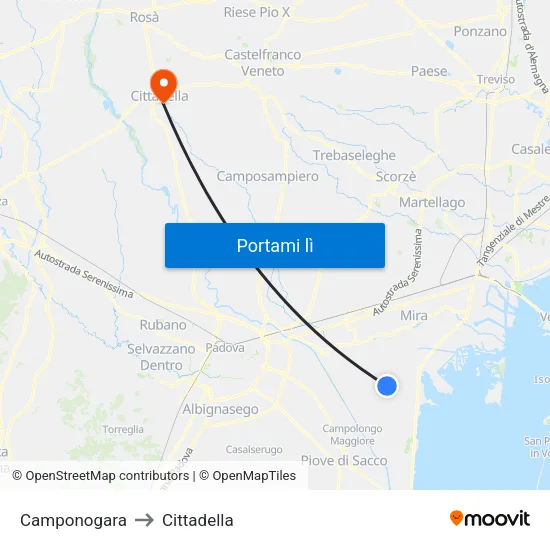 Camponogara to Cittadella map