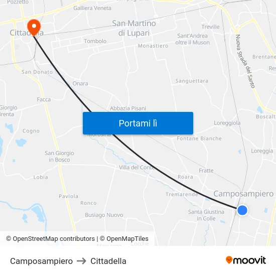 Camposampiero to Cittadella map