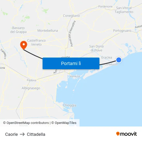 Caorle to Cittadella map