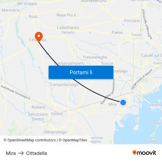 Mira to Cittadella map