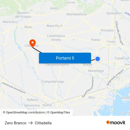 Zero Branco to Cittadella map