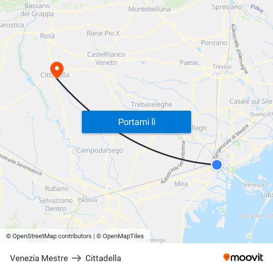 Venezia Mestre to Cittadella map