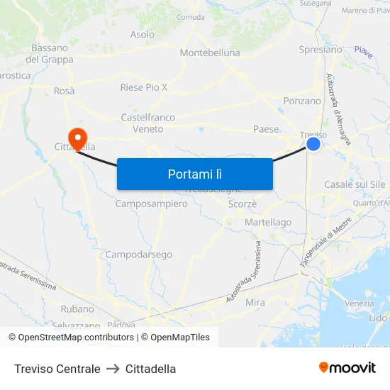 Treviso Centrale to Cittadella map