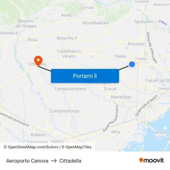 Aeroporto Canova to Cittadella map