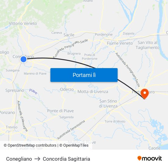 Conegliano to Concordia Sagittaria map