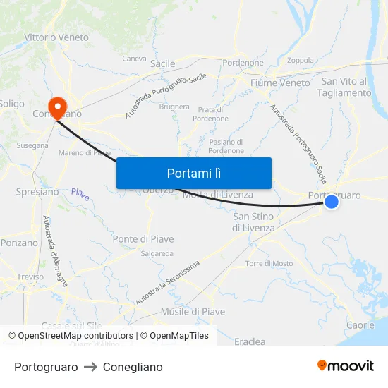 Portogruaro to Conegliano map