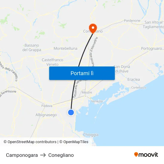 Camponogara to Conegliano map