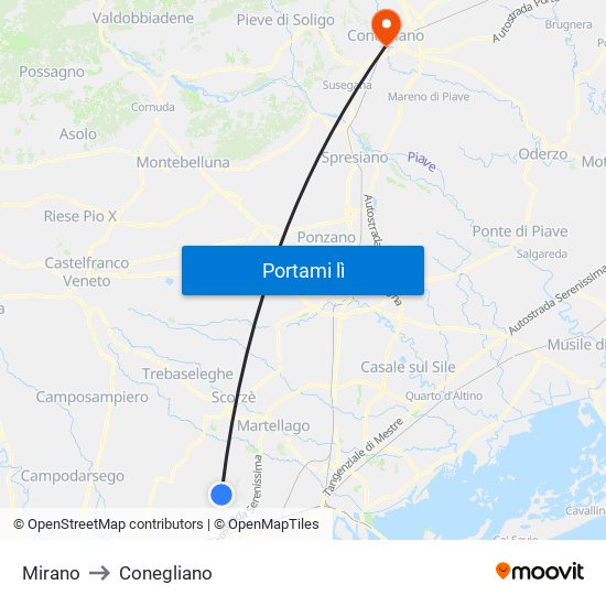 Mirano to Conegliano map