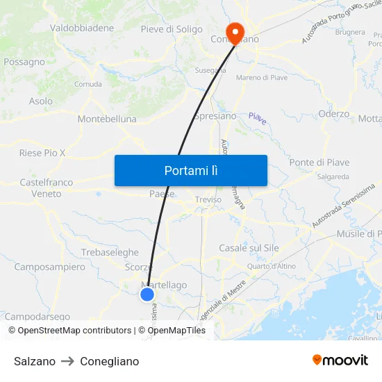 Salzano to Conegliano map