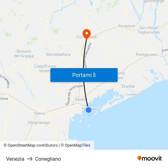 Venezia to Conegliano map