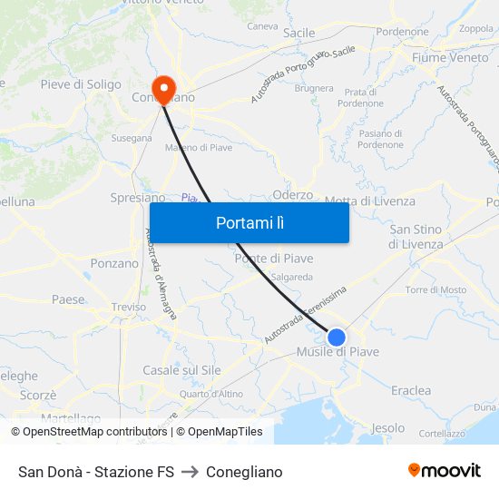 San Donà - Stazione FS to Conegliano map