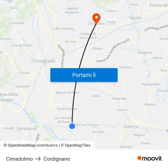 Cimadolmo to Cordignano map