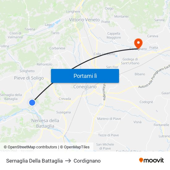 Sernaglia Della Battaglia to Cordignano map