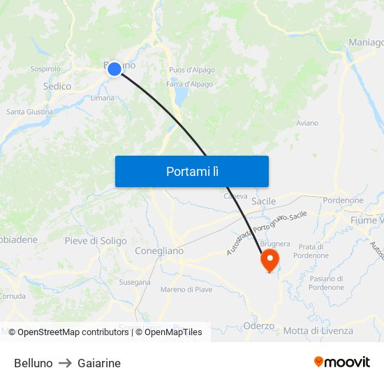 Belluno to Gaiarine map