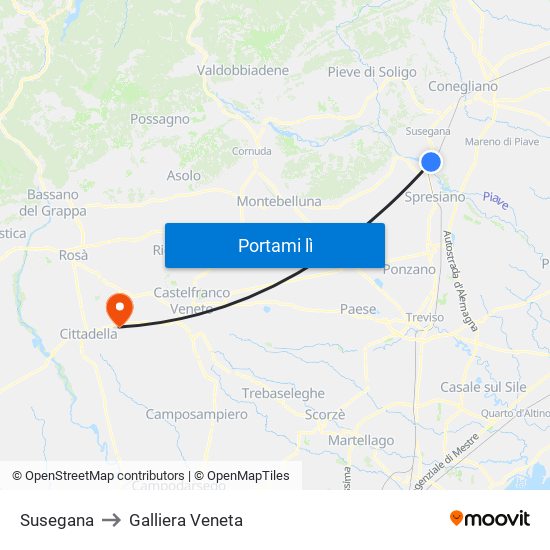 Susegana to Galliera Veneta map