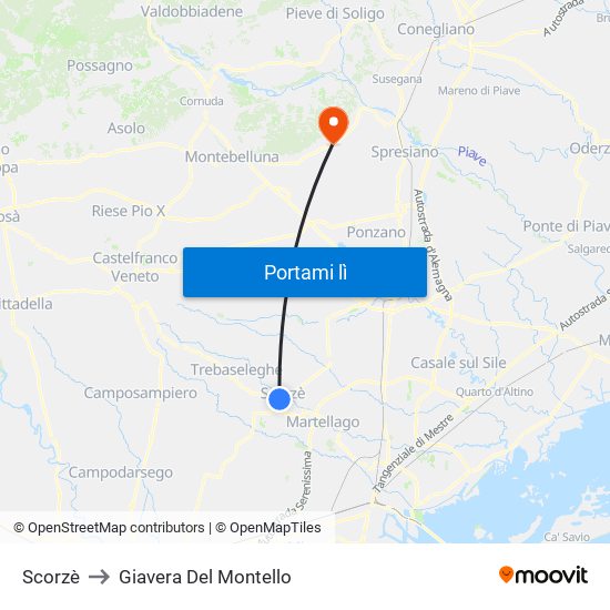 Scorzè to Giavera Del Montello map