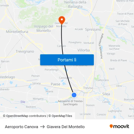 Aeroporto Canova to Giavera Del Montello map