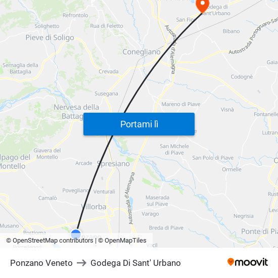 Ponzano Veneto to Godega Di Sant' Urbano map