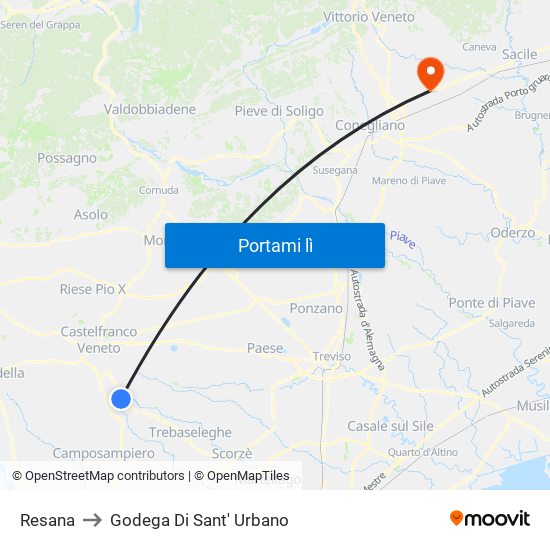 Resana to Godega Di Sant' Urbano map