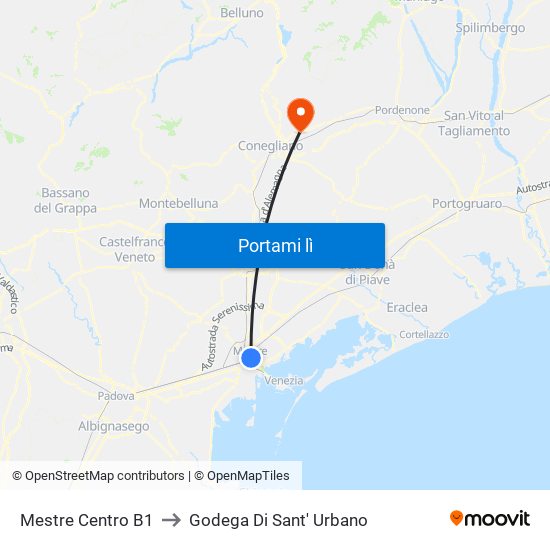 Mestre Centro B1 to Godega Di Sant' Urbano map