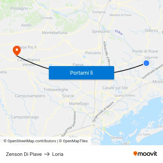 Zenson Di Piave to Loria map