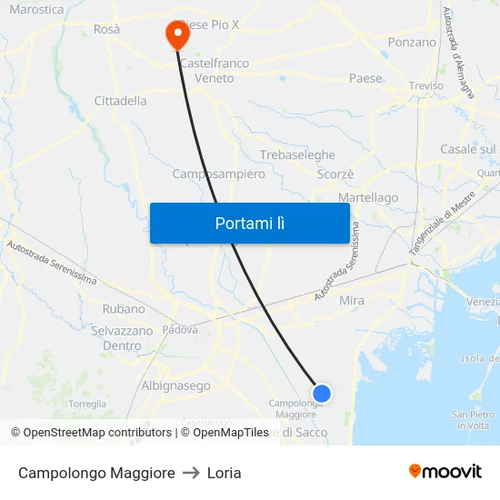 Campolongo Maggiore to Loria map