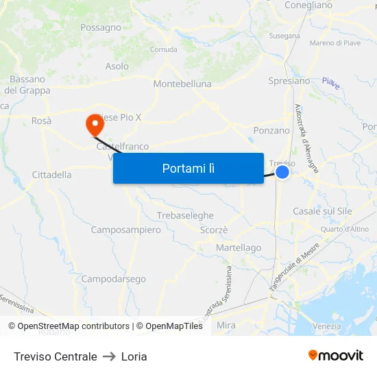 Treviso Centrale to Loria map