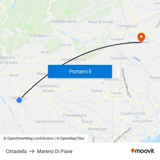 Cittadella to Mareno Di Piave map